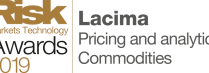An award logo recognising Lacima as a winner in the 2019 Risk Awards for 'Pricing and analytics', and 'Commodities'. The award is testament to Lacima's excellence in energy risk and analytics.
