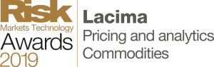An award logo recognising Lacima as a winner in the 2019 Risk Awards for 'Pricing and analytics', and 'Commodities'. The award is testament to Lacima's excellence in energy risk and analytics.