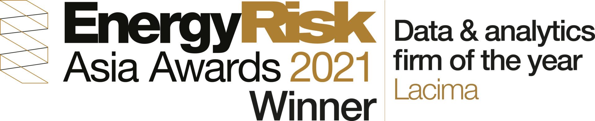 An award logo recognising Lacima as the 2021 Energy Risk Asia Awards winner for Data & Analytics Firm of the Year. The award is testament to Lacima's excellence in energy risk and analytics.