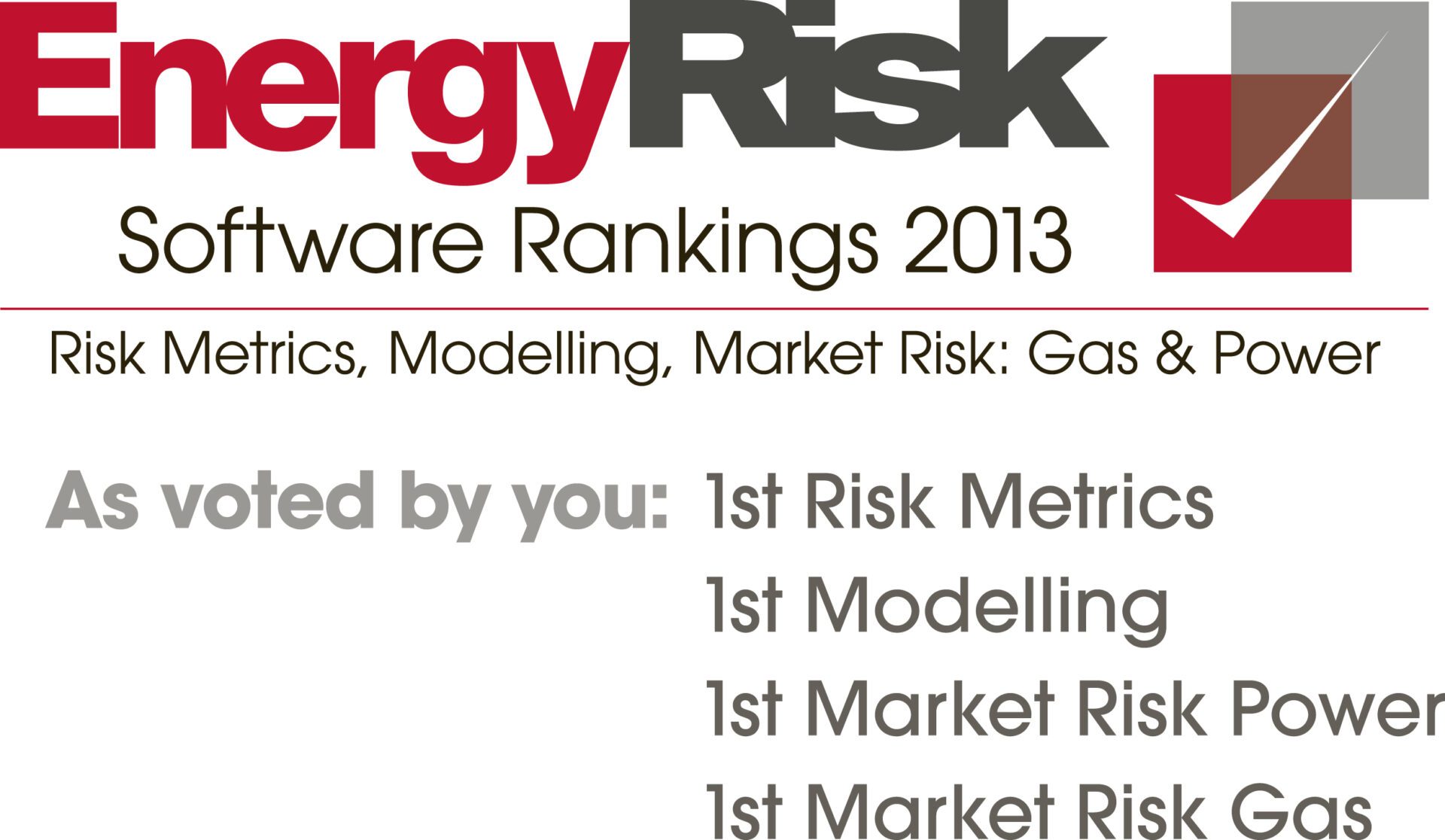 An award logo recognising Lacima as a winner in the 2013 Energy Risk Software Rankings, placing first in the 'Risk Metrics', 'Modelling', 'Market Risk Power' and 'Market Risk Gas' categories. The award is testament to Lacima's excellence in energy risk and analytics.
