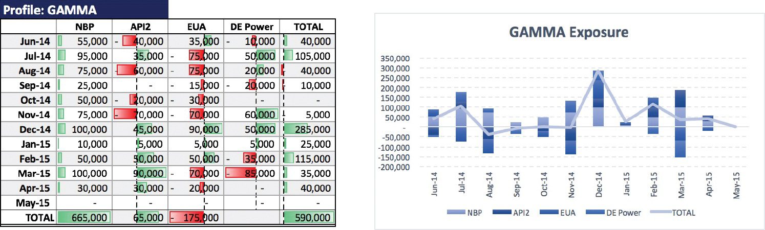 An image of two charts depicting the outcome of gamma greek analysis.