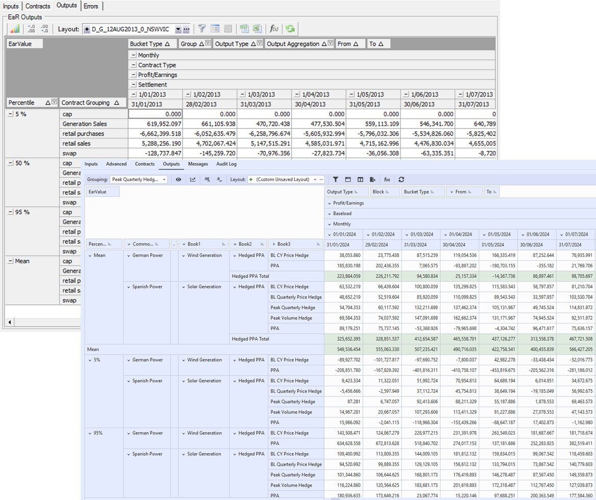 An image depicting screenshots from Lacima's Renewables solution with capabilities across deal capture, deal analysis, portfolio analysis and risk analysis to assist with valuation, risk management and utilisation optimisation of portfolios of physical power generation assets and PPAs.