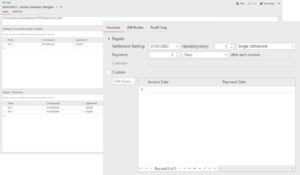 Images showing current collateral holdings against a counterparty and a contract entry screen with scheduled settlement invoicing in Lacima Analytics