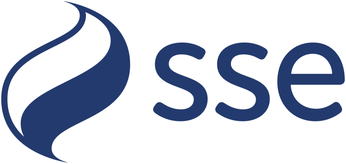 SSE's logo - an energy company that supplies electricity and gas to businesses and households in the UK. Their purpose is to provide the energy needed today while building a better world of energy for tomorrow.