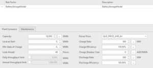 An image of the input screen where battery parameters like capacity, efficiency, cycle limits, and degradation can be set to ensure accurate modeling that informs optimal operational decision-making.