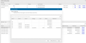 Limits and breaches monitoring, highlighting exposures, headroom and exceptions requiring action. Lacima Analytics Limits and Breaches output screen displaying limit utilisation, headroom and breaches across portfolios and counterparties.